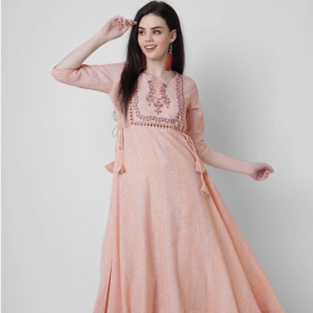 Striped Embroidered Pure Cotton Maxi Gown